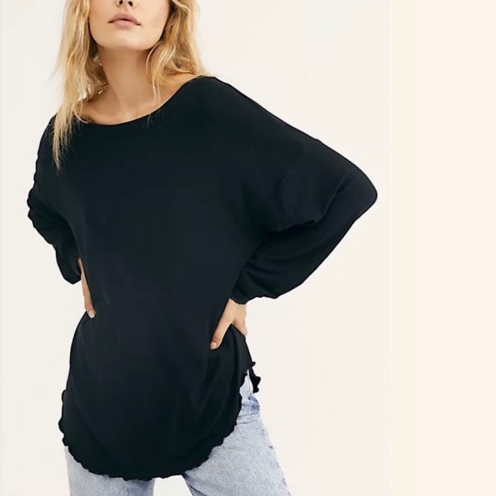 Free People Shimmy Shake Oversized Ribbed Long Sleeve Tunic w V Back, Black, XS - Picture 1 of 11